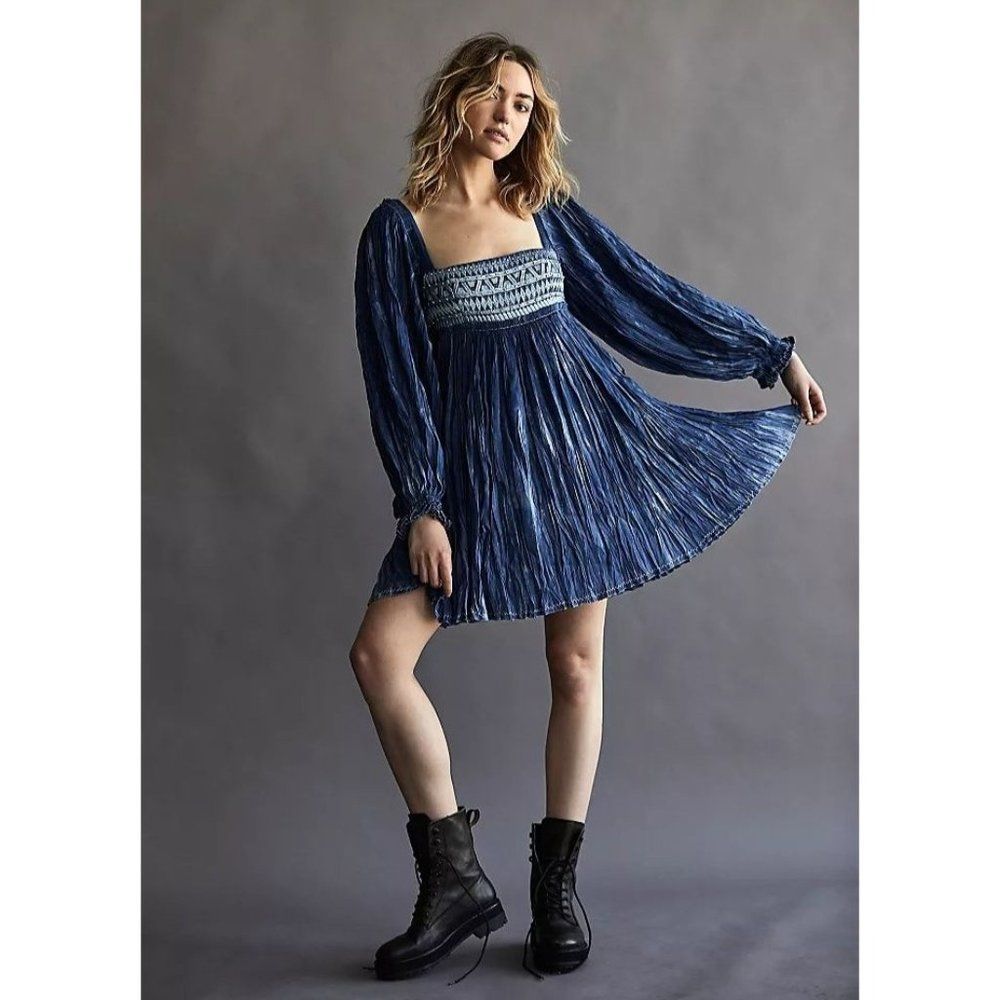 NWT Free People Blue Embroidered Long Sleeve Sahara Mini Dress - M